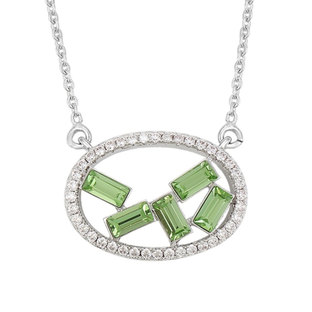 Rhodium Plated Emerald Cut Geometric Crystal Oval Pendant in Peridot